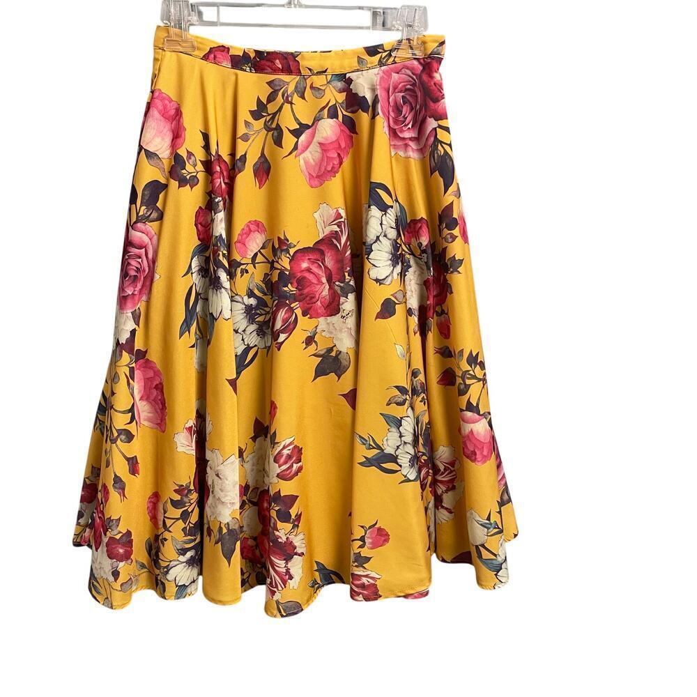 ModCloth Yellow Ikebana Floral Skirt Size XS A Line Twirl Midi Pockets